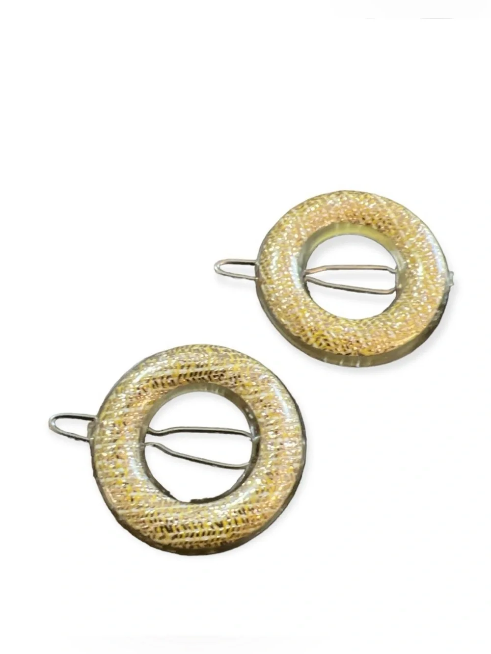 1960’s Mod Shimmery Gold Circle Barrettes, 1”, Pair of French Hair Clips